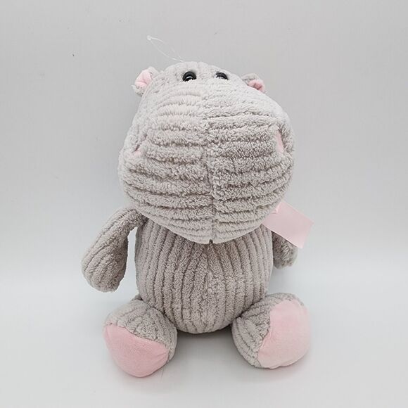 Burton + Burton Corduroy Ribbed Hippo Plush 12” Gray Pink Bow Stuffed Animal Toy - Picture 1 of 13